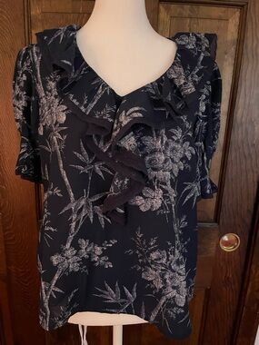 LOFT Navy Floral Ruffle V-Neck Blouse
